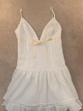 White Eyelet Mini Dress with Cream Ribbon Tie